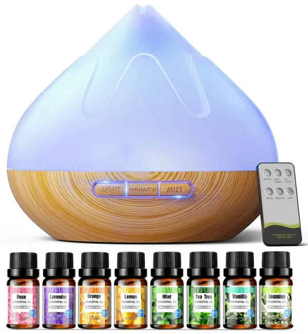 Dynooper Aroma 500 ml Diffiser with Essential Oils Set, Essential Oil Diffuser with Remote Control, Humidifier with 14 Color Lights for Large Room, 4