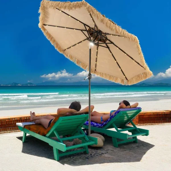 9FT Thatched Tiki Patio Umbrella with 33 Solar LED Lights, Hawaiian Style 2-Tier Hula Beach Umbrella with Tilt & Crank for Pool, Backyard, Garden