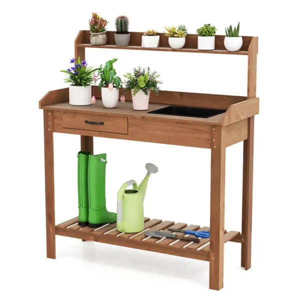 Topcobe Outdoor Wooden Garden Table Work Station with Storage Shelves and Drawer for Patio Backyard Garden - Coffee