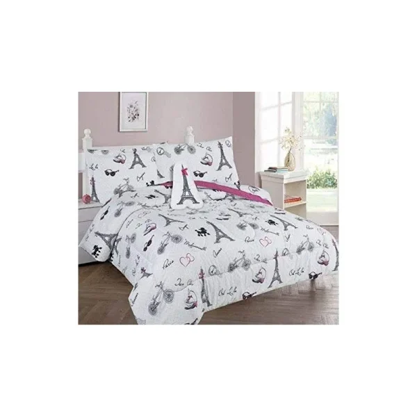 Golden Linens Twin Size 3 Pieces Printed Comforter Set Multi Colors White Black Pink Paris Eiffel Tower Design Girls / Kids/ Teens #Twin 3 PC Paris