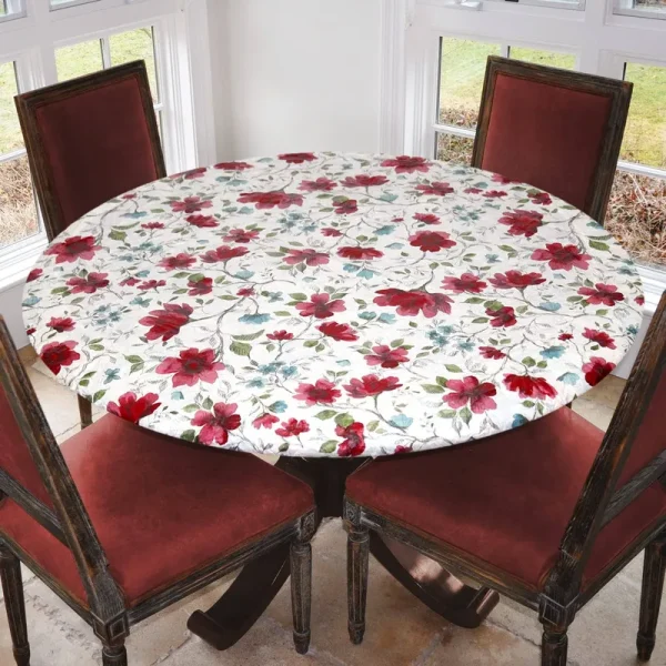 Covers for The Home Elastic Edged Flannel Backed Vinyl Fitted Table Cover - Watercolor Floral Pattern - Large Round - Fits Tables 45' to 56' Diameter