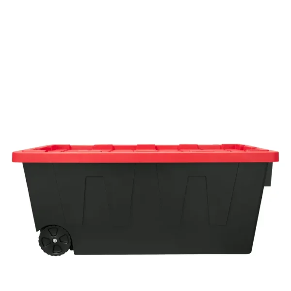 Hyper Tough 50 Gallon Snap Lid Wheeled Plastic Storage Bin Container Black with Red Lid