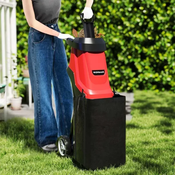 15-Amp Electric Wood Chipper and Shredder, Corded Leaf Mulcher with 15:1 Reduction, Safety Lock, 1.77" Cutting Diameter, Collection Bag & Wheels