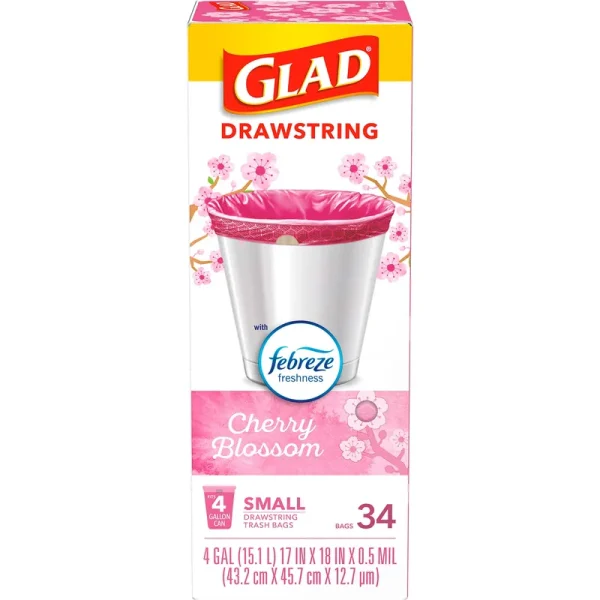 Glad Trash Bags, Drawstring, Small, Cherry Blossom, 4 Gallon - 34 bags