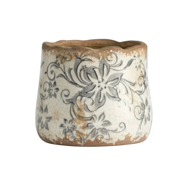 Nearly Natural 4.5 in. Tuscan Ceramic Gray Scroll Planter