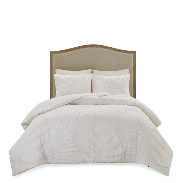 Madison Park - Bahari 3 Piece Tufted Cotton Chenille Palm Duvet Cover Set - White - Full/Queen