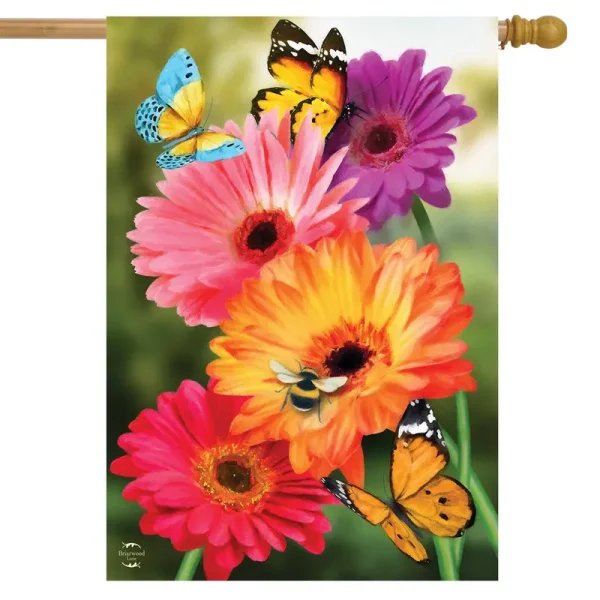 Garden Gerber Daisies Spring House Flag Butterflies Floral 28" x 40"