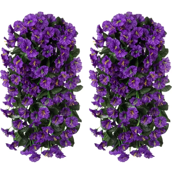 Artificial Fake Hanging Flowers Plants for Outdoor Spring Decoration, 2pcs Faux Silk Purple Morning Glory Vines UV Resistant Look Real for Outside