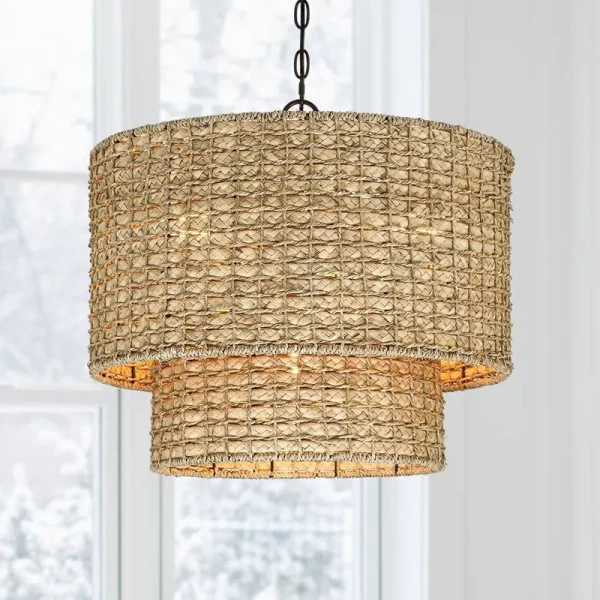 True Fine 4-Light Natural Rattan Traditional Drum Pendant Light Black Canopy - Black/earthy - 20 in. W