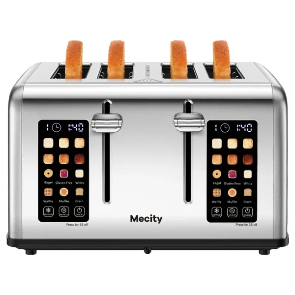 Mecity 4 - Slice Touchscreen Toaster, Stainless Steel, 6 Browning Settings, Reheat, Cancel, Defrost, Removable Tray