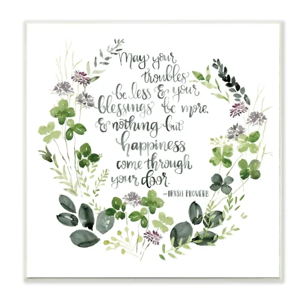 Stupell Industries Troubles Be Less Irish Proverbs Wildflower Wreath, Designed by Jennifer Paxton Parker Wall Plaque, 12 x 12, White