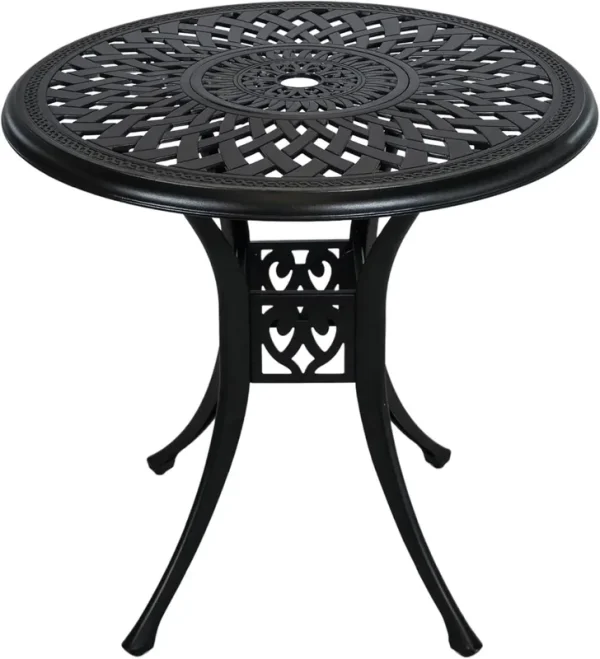 30.3 in Round Patio Table Cast Aluminum Patio Table, Metal Patio Dining Table with Umbrella Hole, All-Weather Outdoor Bistro Dining Table for Backyard, Garden, Balcony, Black