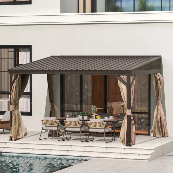 Domi Outdoor Living 10' x 12' Hardtop Lean - to Gazebo, Wall - Mounted with Galvanized Steel Roof Wall Pergola with Aluminum Frame, Curtains and Netting, for Patio, Deck, Garden, Backyard