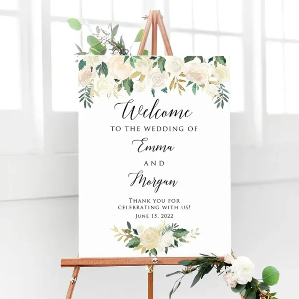 Blissfulmelodydesign Personalized White Gold Floral Wedding Welcome Sign, Customized Ivory Flowers Rehearsal Dinner Couples Shower Anniversary Party