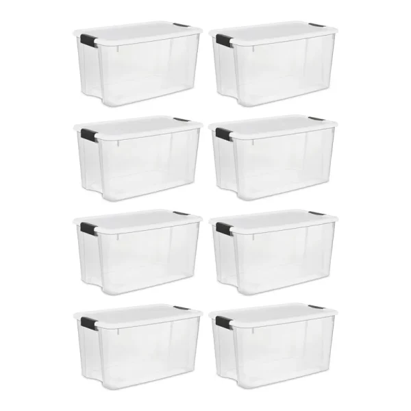 Sterilite - 70 Quart Ultra Latch Storage Box with White Lid & Clear Base (8 Pack)
