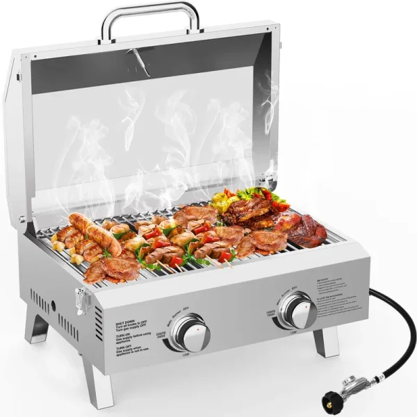 Firstness Propane Gas Grills, 30, 000BTU Portable Gas Grill for Outdoor Camping BBQ Picnics Tailgating, 2 Burners, Stainless Steel Sliver