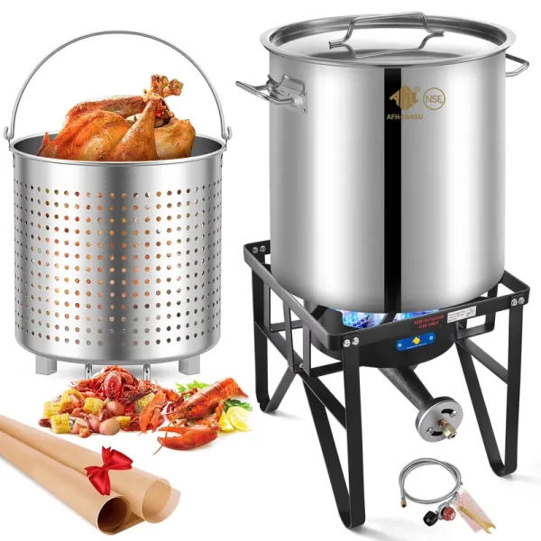 64QT Stainless Steel Seafood Boil Pot with 200, 000BTU Single Burner Propane Stove, Heavy Duty Propane Burner for Outdoor Cooking Turkey Fryer, Crawfish Boil, Homebrewing