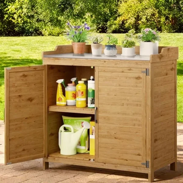 Lofka Outdoor Storage Cabinet, Outdoor Potting Bench Table with Removable Shelves for Yard, Garden, Waterproof Wood