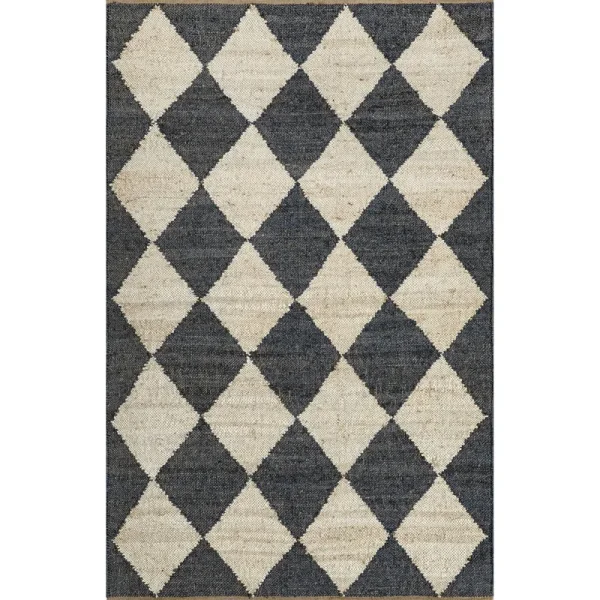 Arvin Olano x RugsUSA - Louie Diamond Checkerboard Jute Area Rug Charcoal 5' x 8'