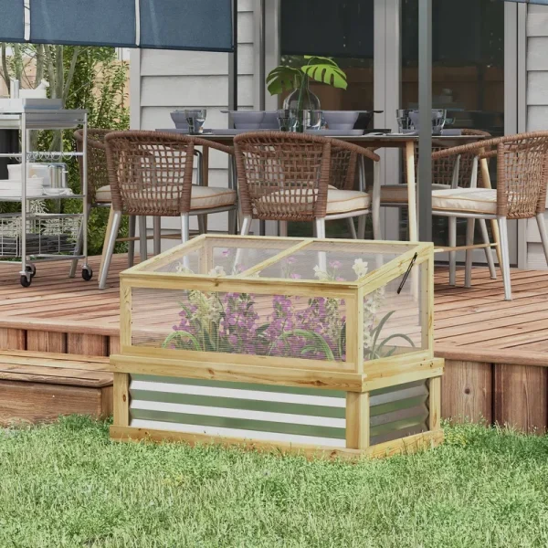 Outsunny Raised Garden Bed with Polycarbonate Greenhouse, Lean-To Garden Wooden Cold Frame Greenhouse - Brown