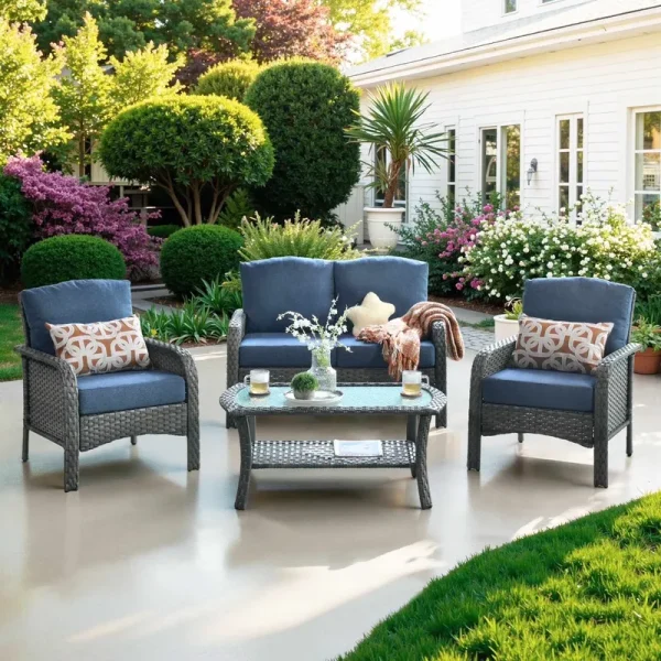 Ovios 4 Pieces Wicker Outdoor Patio Furniture with Coffee Table High Back All-Weather Rattan Outdoor Sectional Conversation Set for Backyard Porch Garden, Denim Blue