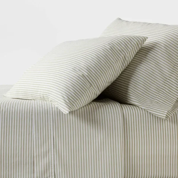 Full 250 Thread Count Organic Percale Sheet Set Sage Green Stripe - Threshold