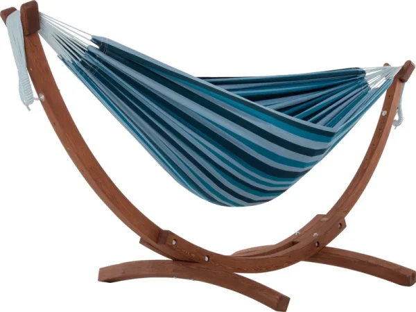 Double Cotton Hammock with Solid Pine Stand Blue Lagoon