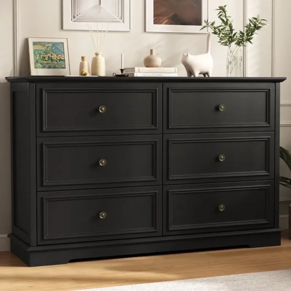 IDEALSOUL Black Dresser, 6 Drawer Dresser for Bedroom, Retro Wood Storage Cabinet for Living Room