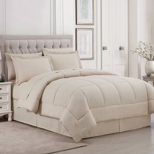 Soft Dobby 8-Piece Striped Down Alternative Bed-in-a-Bag Set w/ Sheets - Beige - Queen