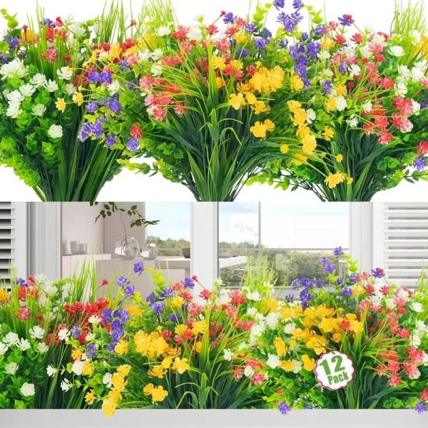 Moulyan 12 Bundles Artificial Flowers for Outdoors UV Resistant Fake Flowers Faux Plants for Hanging Garden Porch Window Box Outside Decoration,Home