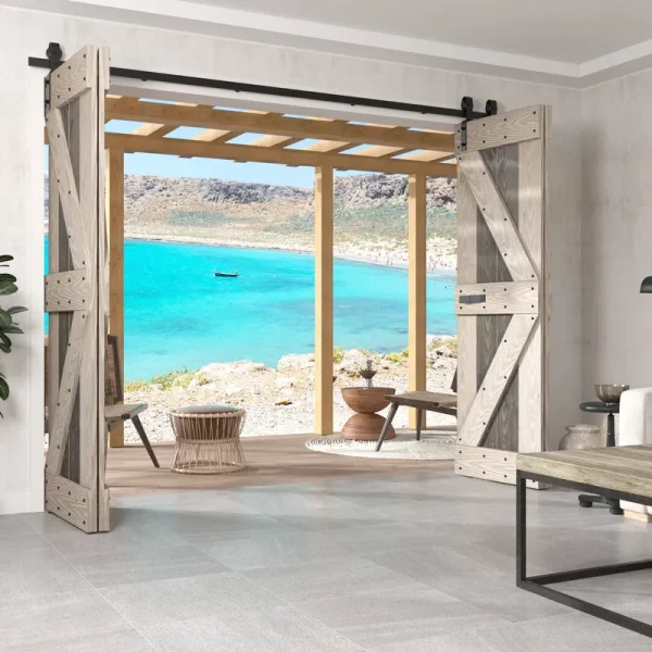 Coast Sequoia Embossing Bi-Fold Barn Door with Sliding Hardware Kit Coast Sequoia Finish: Dark Gray/Light Gray, Size: 60" x 84"