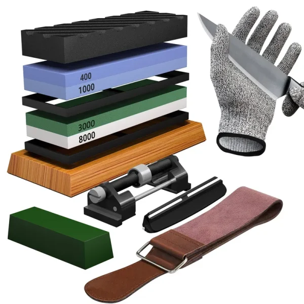 YeopAsda Knife Sharpening Stone Set - Premium 4 Side Grit 400/1000 3000/8000 Whetstone Sharpener Kit - Non-Slip Bamboo Base,Cut Resistant Gloves, Angl