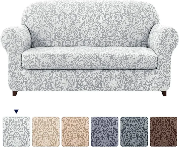 Subrtex 2-Piece Stretch Sofa Couch Cover Jacquard Damask Slipcover - Light Smoky Gray