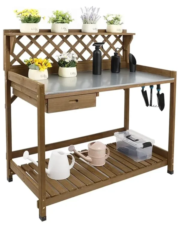 Garden Potting with Metal, Outdoor Potting Table Workstation Benches with Drawer/Storage Shelffir Wood Potting Station Work Table with Open Shelf, Lattice Back (Brown)