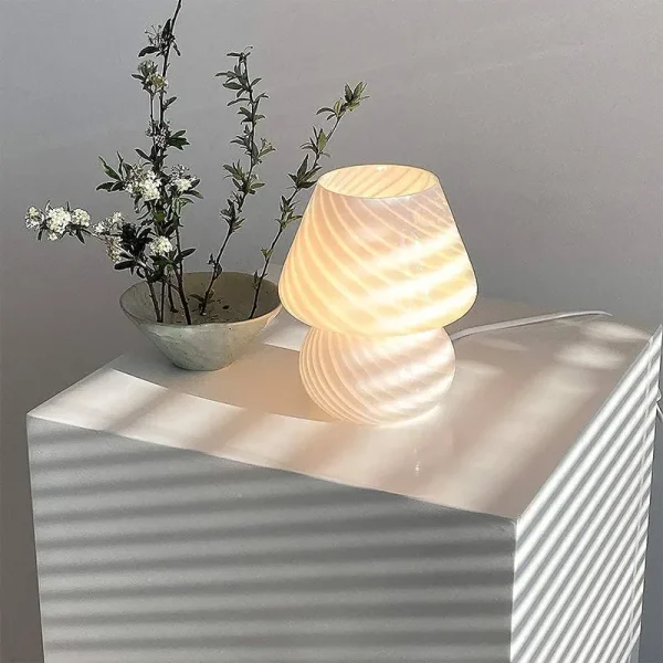 LongTN Translucent Table Mushroom Lamp Italian Style Modern Striped Glass Bedside Lamps Desk Light, used for Baby Home Decoration of