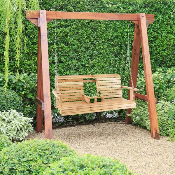 Costway 2-Seat Wood Swing Bench with Folding Cup Holder and Sturdy Metal Hanging Chains
