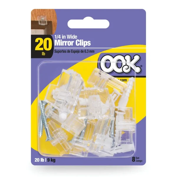 OOK Large Mirror Holder Clips, 1/4 inch Wide, Plastic, Holds Up to 20 lbs, 8 Sets 9984660"