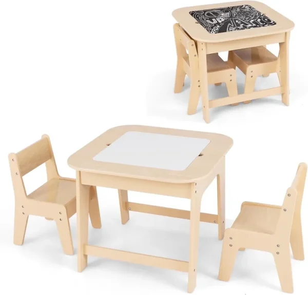 OLAKIDS Kids Table and Chair Set, 3 in 1 Wooden Activity Table with Removable Tabletop, Blackboard and Whiteboard for Toddlers Arts Crafts Drawing Reading Playing, Playroom Nursery (Natural)