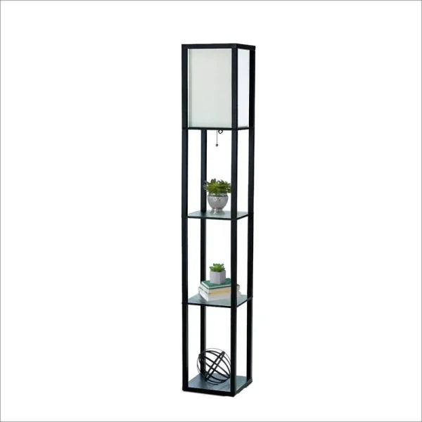 Simple Designs Floor Lamp Etagere with Linen Shade, Black