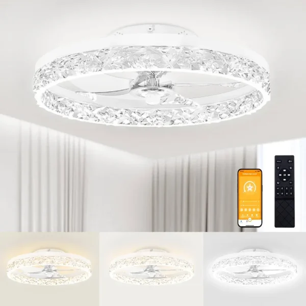 VOLISUN Modern Ceiling Fans with Lights and Remote, 19.7in Low Profile Ceiling Fan Flush Mount, 3000K-6500K Dimmable Bladeless LED Fan Light, White