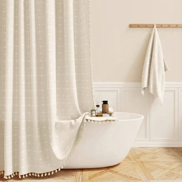 BTTN Extra Long Shower Curtain, 72x84 inch Long Boho Tassel Linen Fabric Shower Curtain Set with Plastic Hooks, Tall Modern Farm