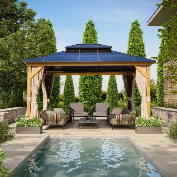 EROMMY Outdoor Double Roof Permanent Hardtop Gazebo Pergola with Prime Netting and Curtains Wood Frame 11' x 13', Brown