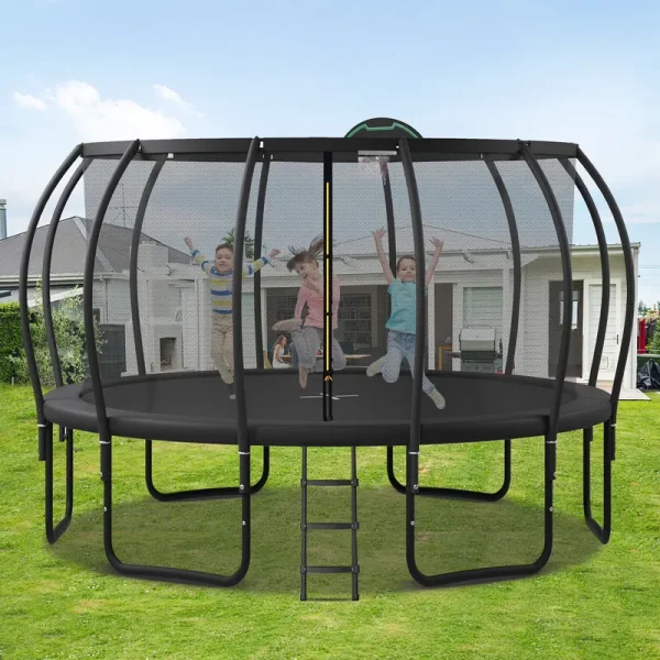 Soges 16FT Trampoline with Basketball Hoop for Kids and Adults Outdoor Trampoline with Ladder and Safety Enclosure Net Pumpkin Trampoline with Curved Poles Heavy Duty Recreational Trampoline 1500 lb