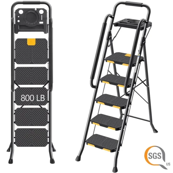 Kingrack 5 Step Folding Ladder for Adults, 800 lb Sturdy Steel Stool Ladder with Anti - Slip Pedal&Handrail&Tool Tray for Home Kitchen Office