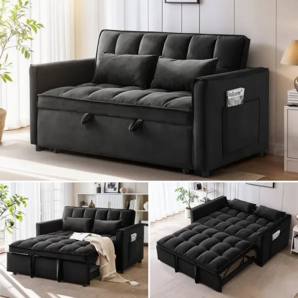 EPOWP Convertible Sofa Bed, 3 in 1 Pull Out Sleeper Loveseat Couch with Storage, Black