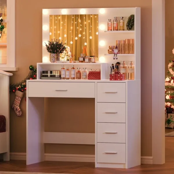 Makeup Vanity Desk with Mirror & Lights, Vanity Table with 5 Drawers & Storage Shelves, Makeup Vanity, 3 Color Modes & Adjustable Brightness Dressing Table, Bedroom, White