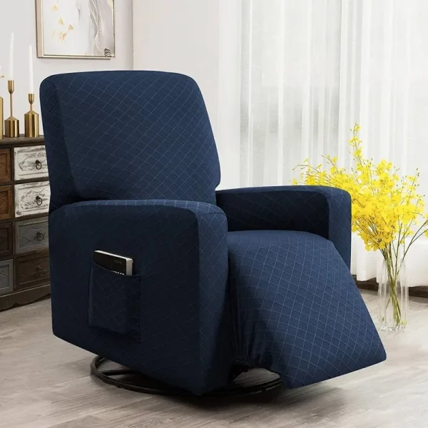 Enova Home Ultra Soft Rhombus Stretch Fabric Recliner Slipcover with Elastic Bottom Side Pocket - Dark Blue