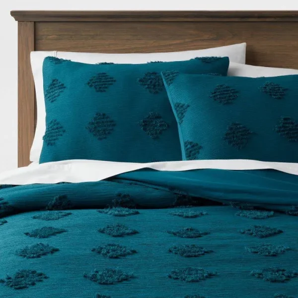 Full/Queen Tufted Diamond Crinkle Duvet Cover & Sham Set Dark Teal Blue - Threshold