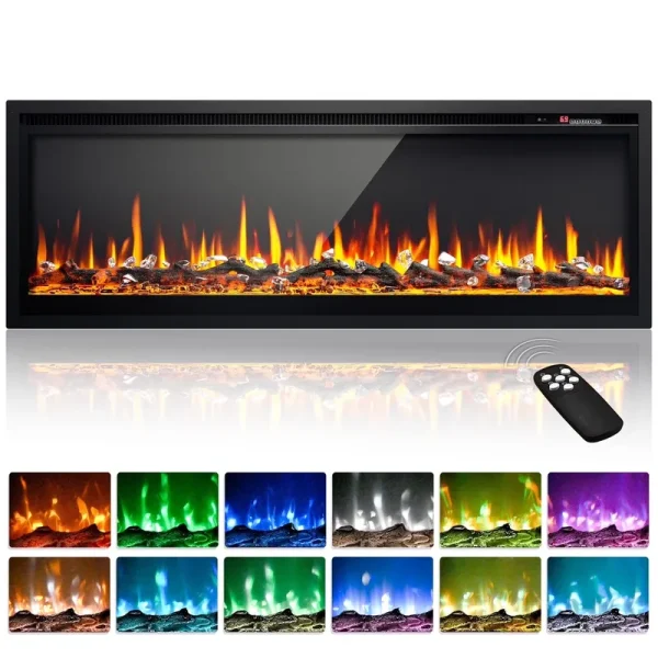 Simzlife 50 in Indoor Electric Fireplace, Wall Mounted Recessed Freestanding Fireplace with Remote Control, Fireplace Heater with Adjustable Flame Color, Linear Fireplace with Timer