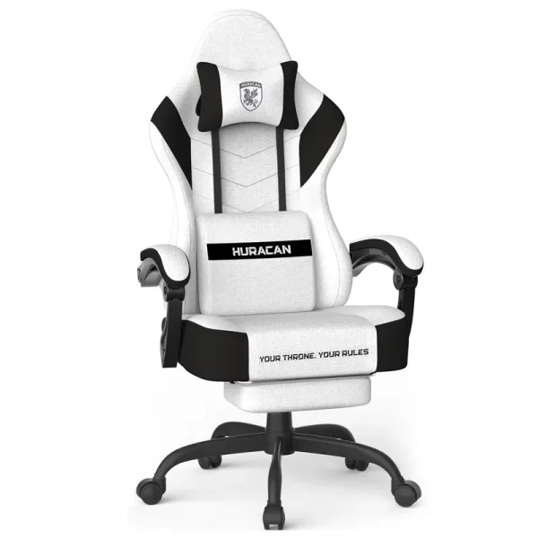 SOONTRANS Gaming Chair for Adults, Ergonomic Linen Fabric Computer Chair with Massage Lumbar Pillow, Gamer Game Chair with Adjustable Headrest, Comfortable Office Chair for Home, White